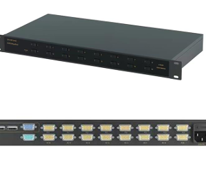 The BE-1601V is a 16-ports VGA /USB KVM switcher that provides a single VGA output and one mouse and keyboard to operate. The BE-1601V can be controlled by FrontPanel Buttons or hotkey to select the source from 16 PCs.